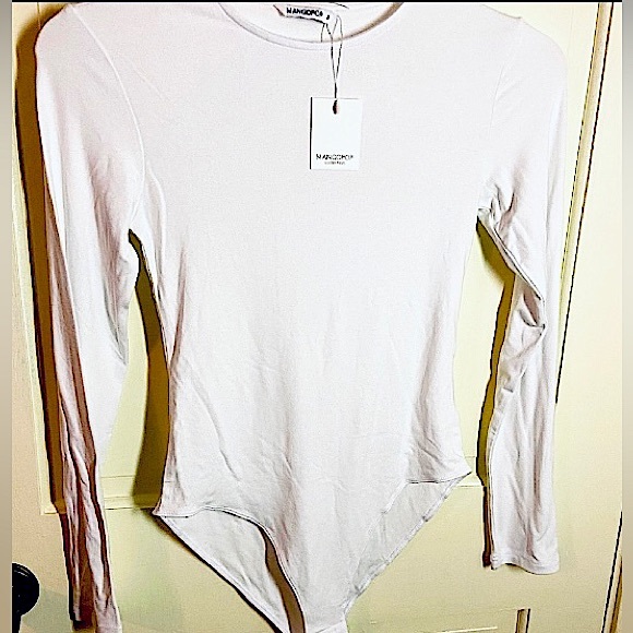 MANGOPOP Women's White Crew Neck Long Sleeve T Shirt Bodysuit Sz Sm - Picture 5 of 7